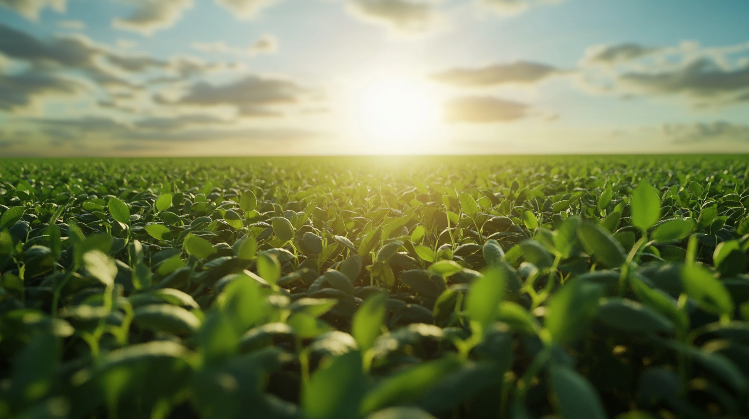 Symmetrical soybean plantation stretching to horizon, cinematic finish.