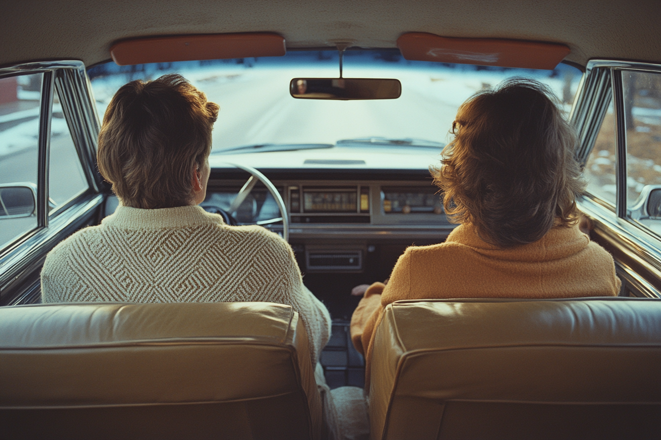 Symmetry shot of Mom and Dad driving car.