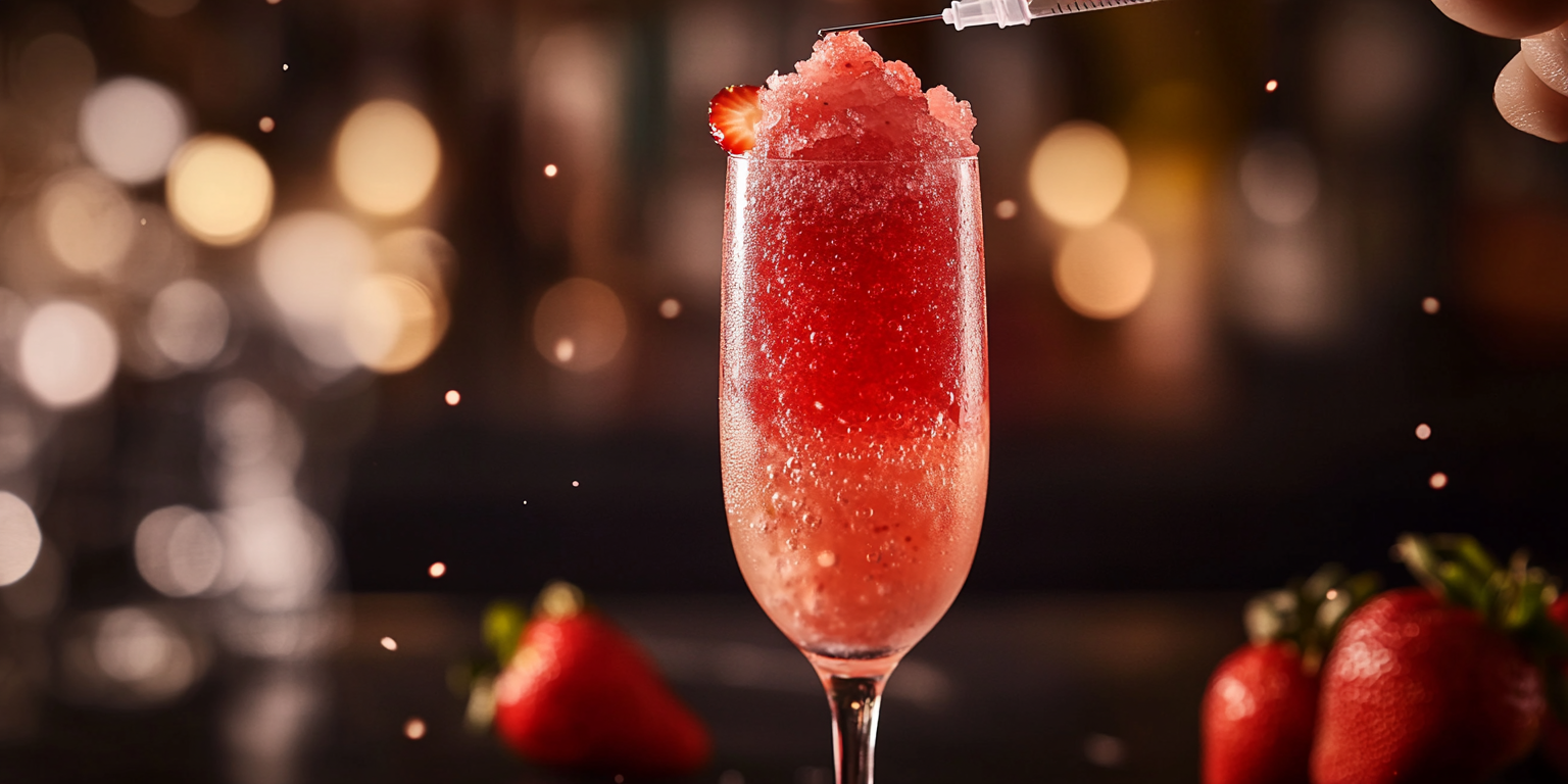 Syringe injecting red slushy into champagne glass, strawberry garnish.