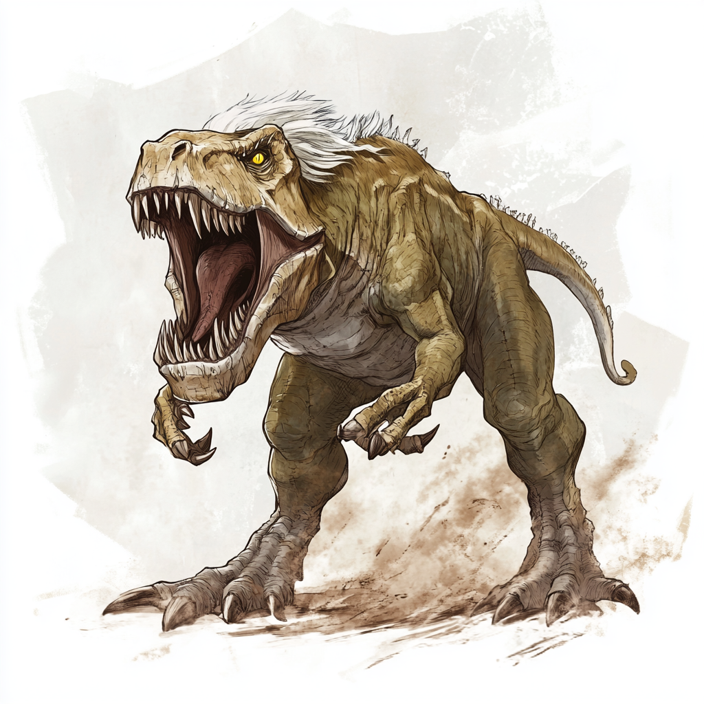 T-Rex monster with skull mask attacks prey in forest.