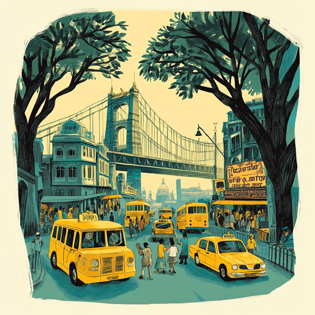 T-shirt design showcasing Kolkata with vibrant colors, landmarks.