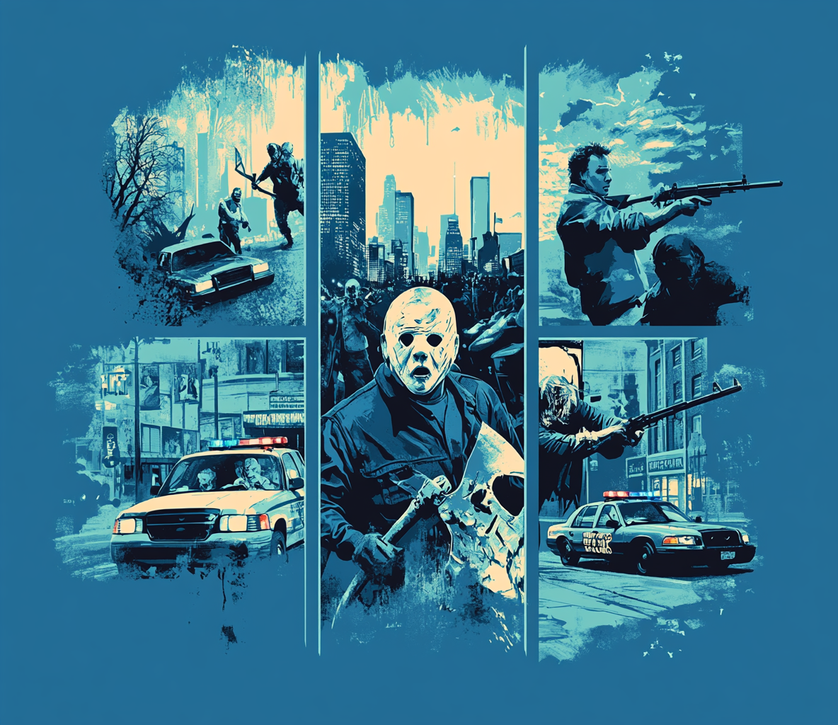 T-shirt design showing action movie characters in cityscape.