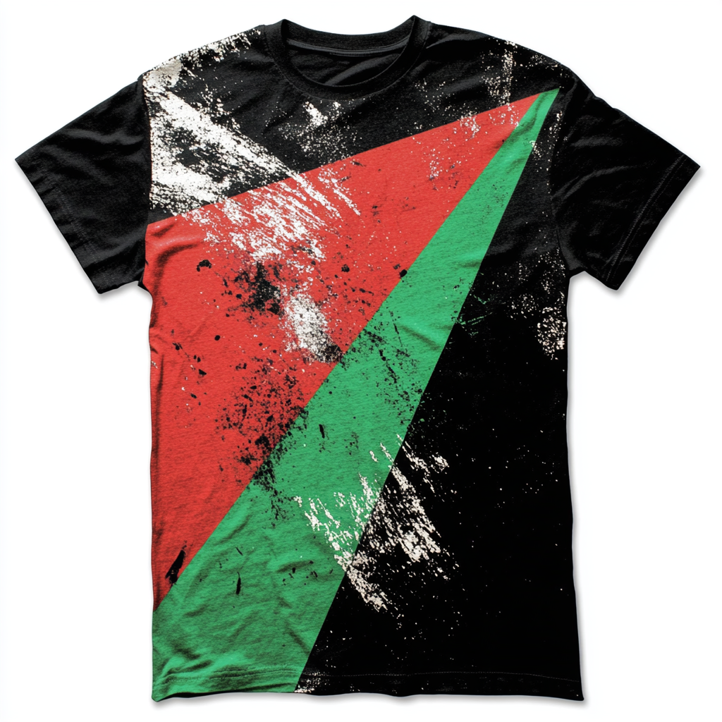 T-shirt design with large red triangle, green and black.