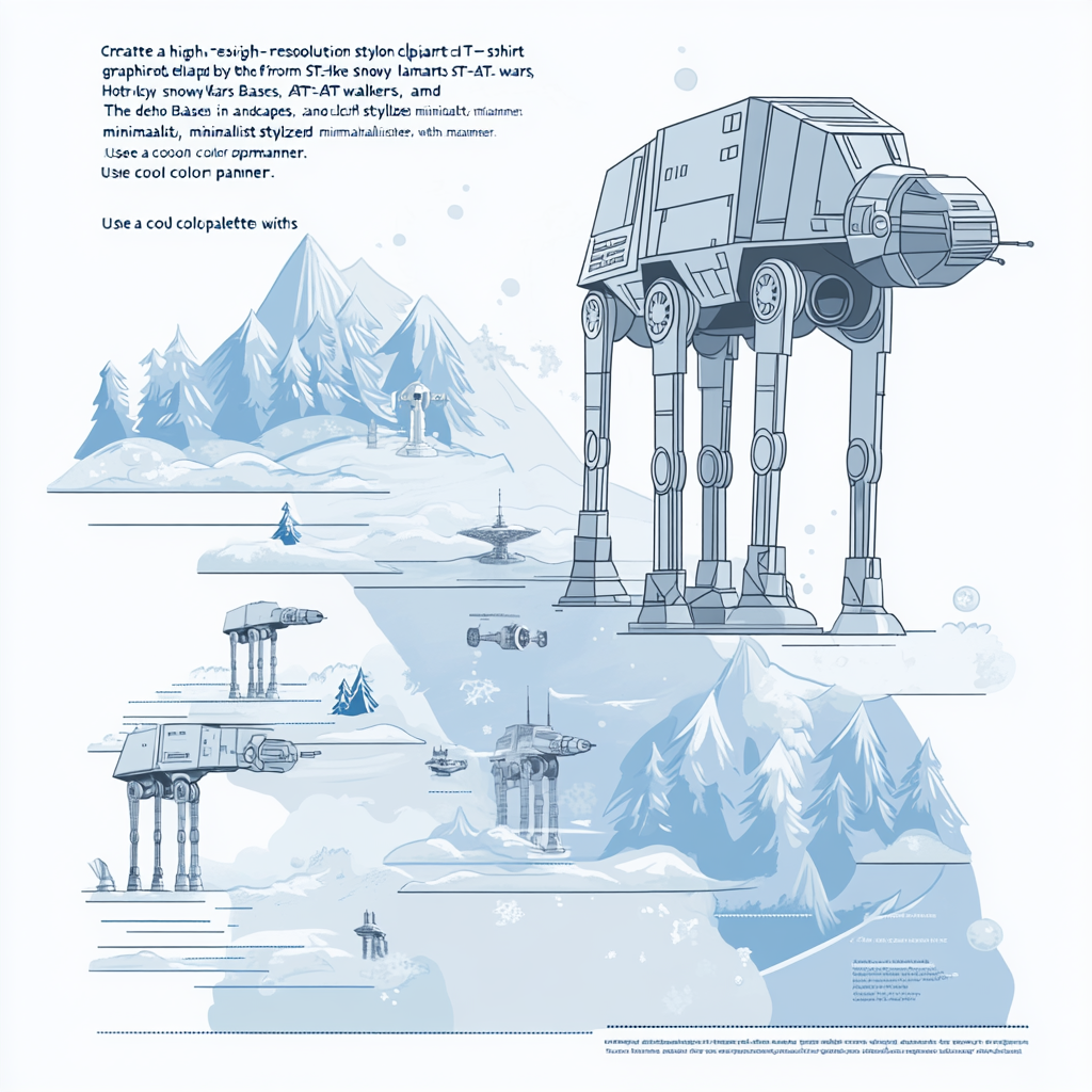 T-shirt graphic with snowy landscapes, AT-AT walkers, Echo Base.