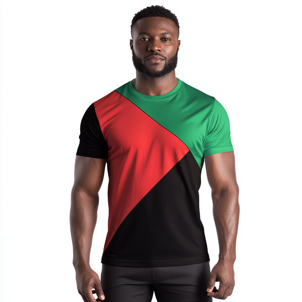 T-shirt with red triangle, green and black design. Bold colors on athletic man.