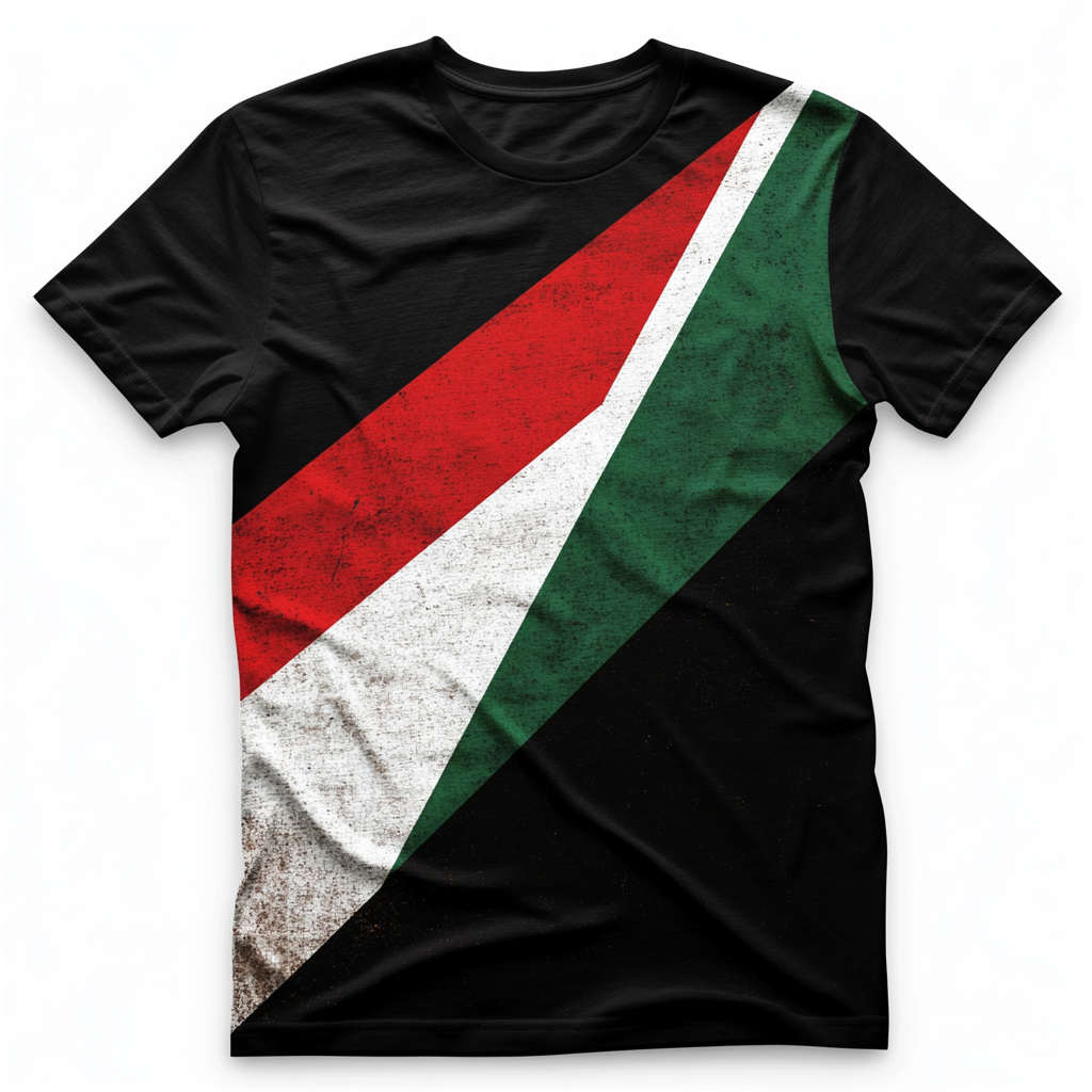 T-shirt with red triangle, green top, black bottom flag.