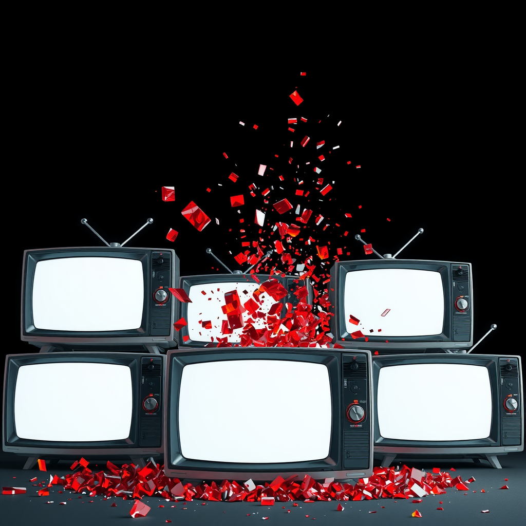 TV sets explode with red glass fragments on black.