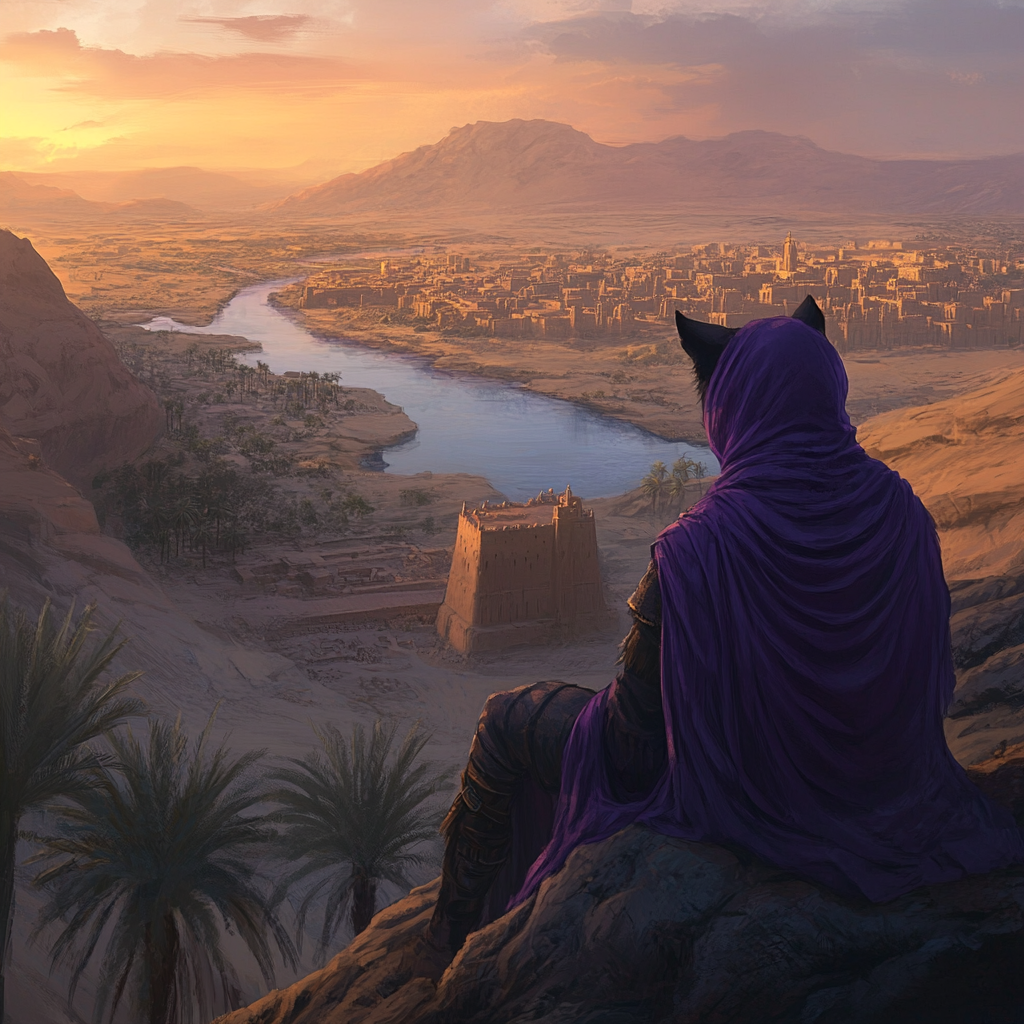 Tabaxi ranger in purple robe overlooking desert city. 