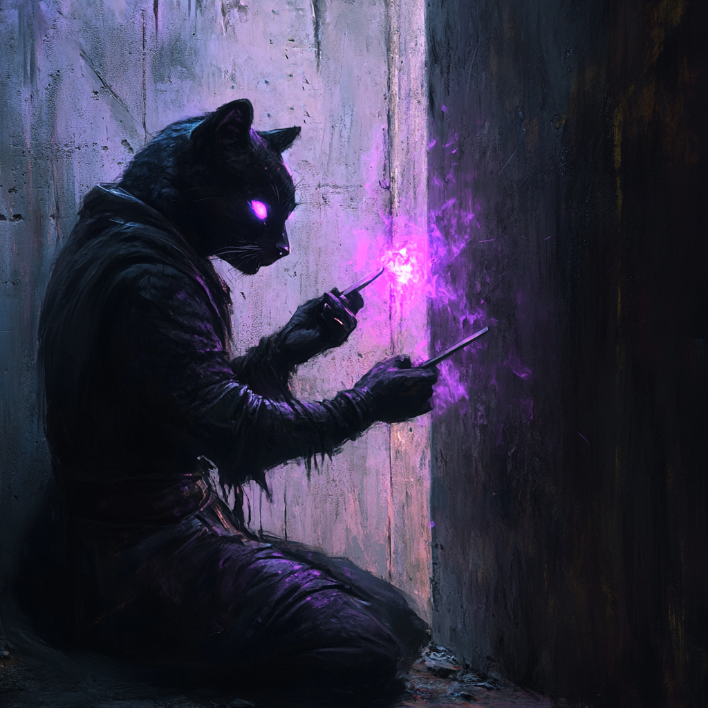 Tabaxi woman with scarred fur extracting a glowing crystal.