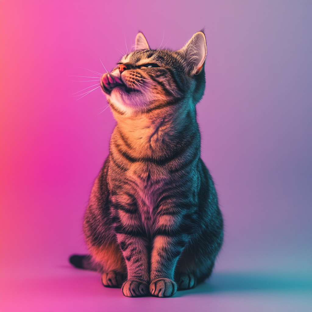 Tabby Cat Elegantly Cleaning Paw on Purple Background