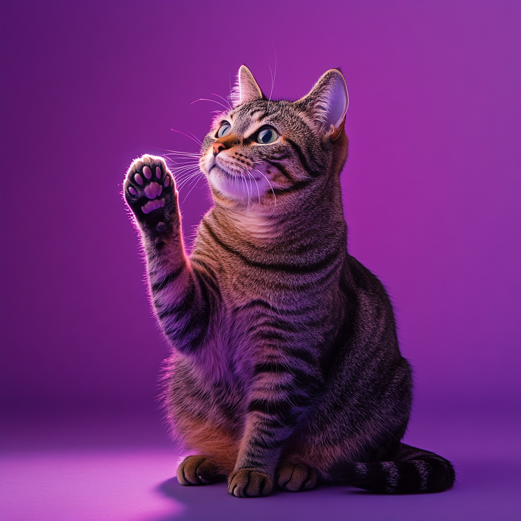 Tabby Cat Reaching for Object on Purple Background