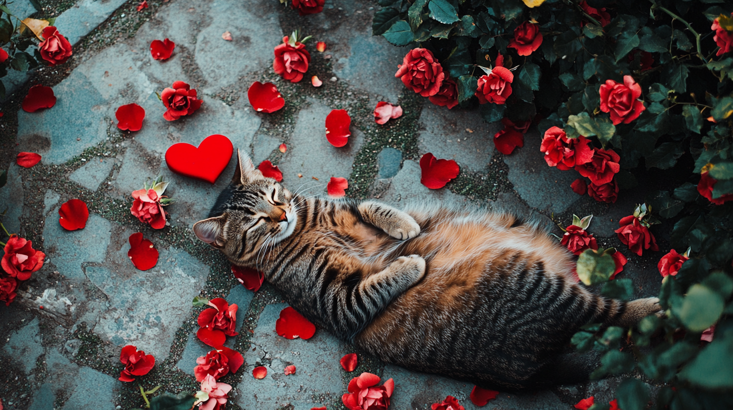 Tabby Cat Rests on Messy Rose Garden