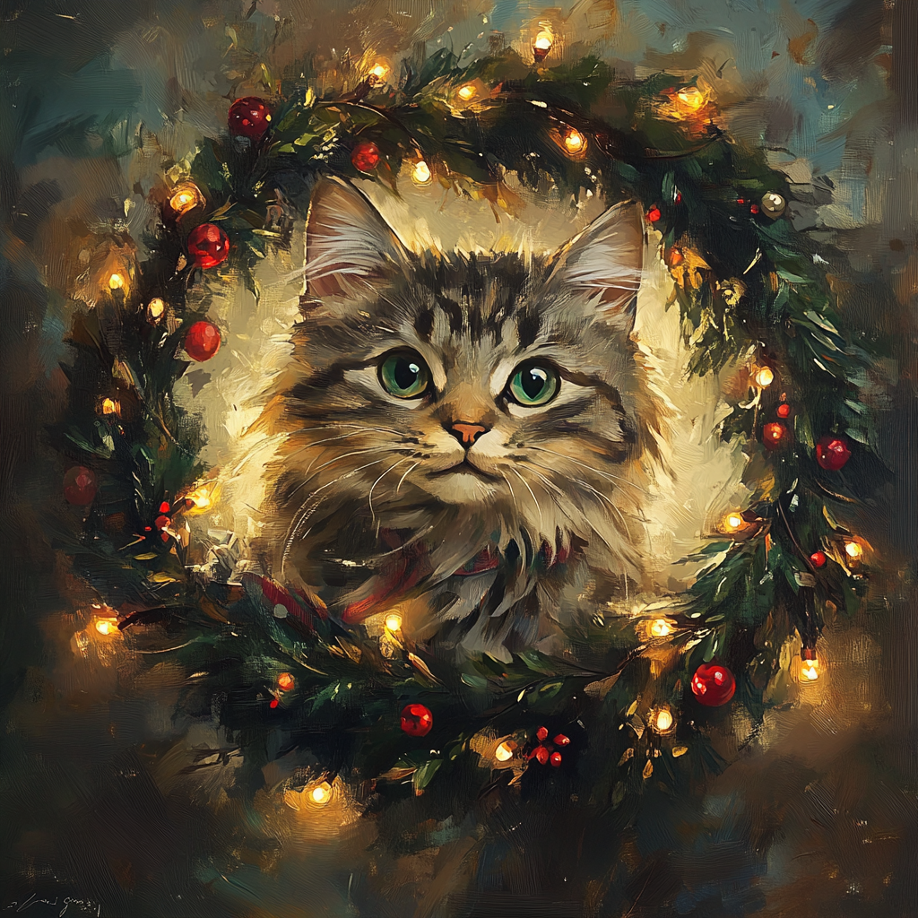 Tabby Cat in anime style painting with Christmas decorations