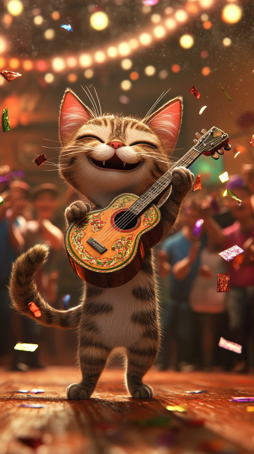 Tabby cat rock star concert with mariachi band