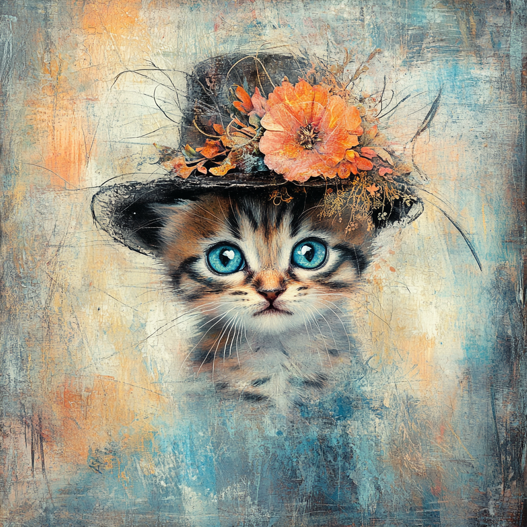 Tabby kitten in hat with flowers, torn paper pieces; art with pastel colors and grunge.