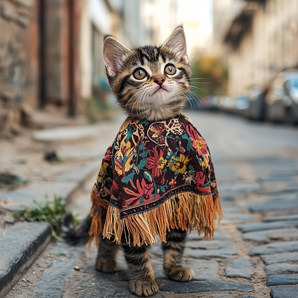 Tabby kitten in vintage Ukrainian outfit on city street.