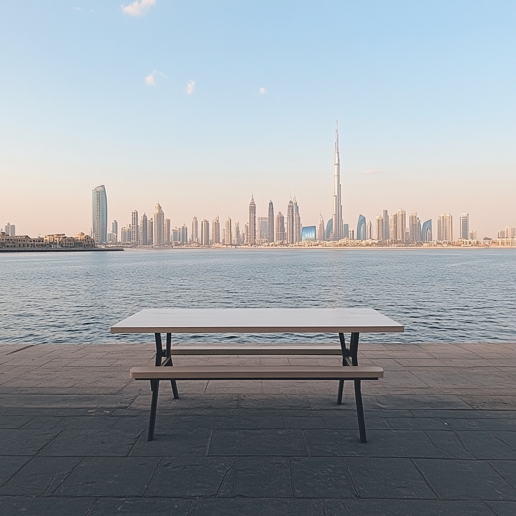 Table by Dubai's Marine Drive with skyline view