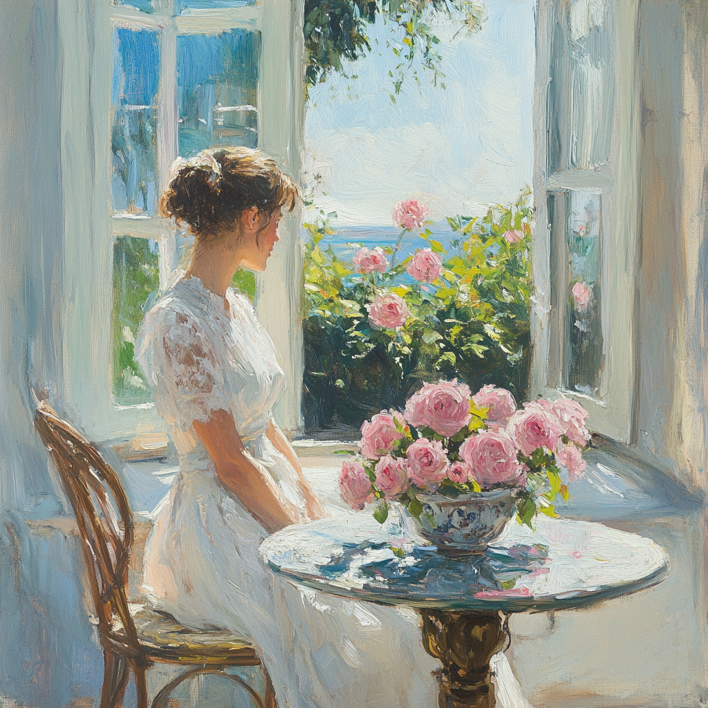 Table of pink roses in front of window, woman.