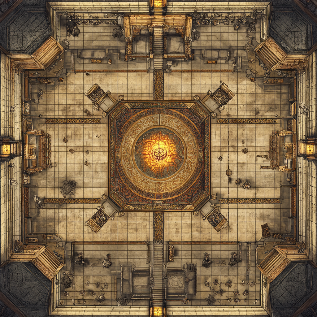 Tactical map of guild hall with sigil mosaic