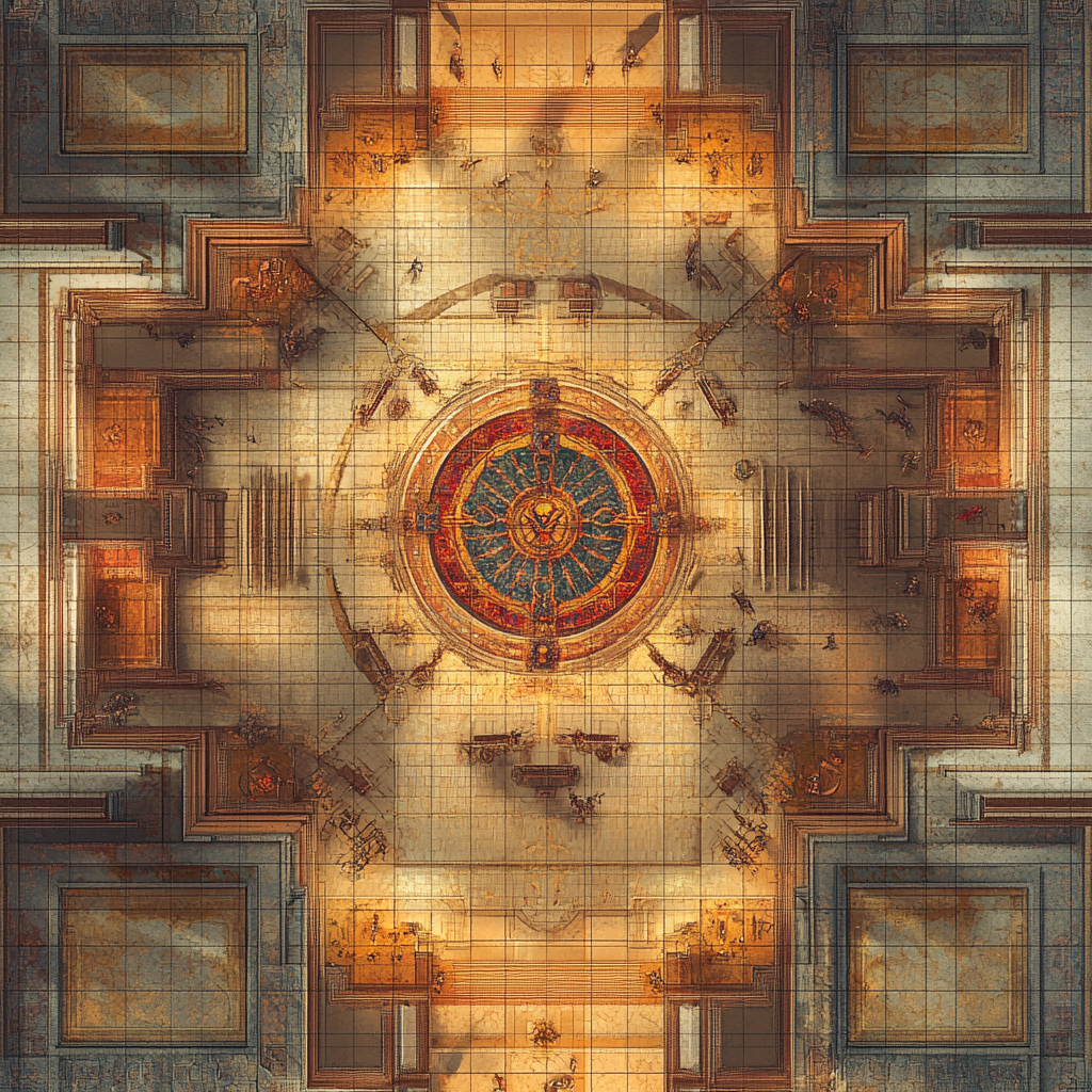 Tactical map of medieval guild Great Hall detailing features.