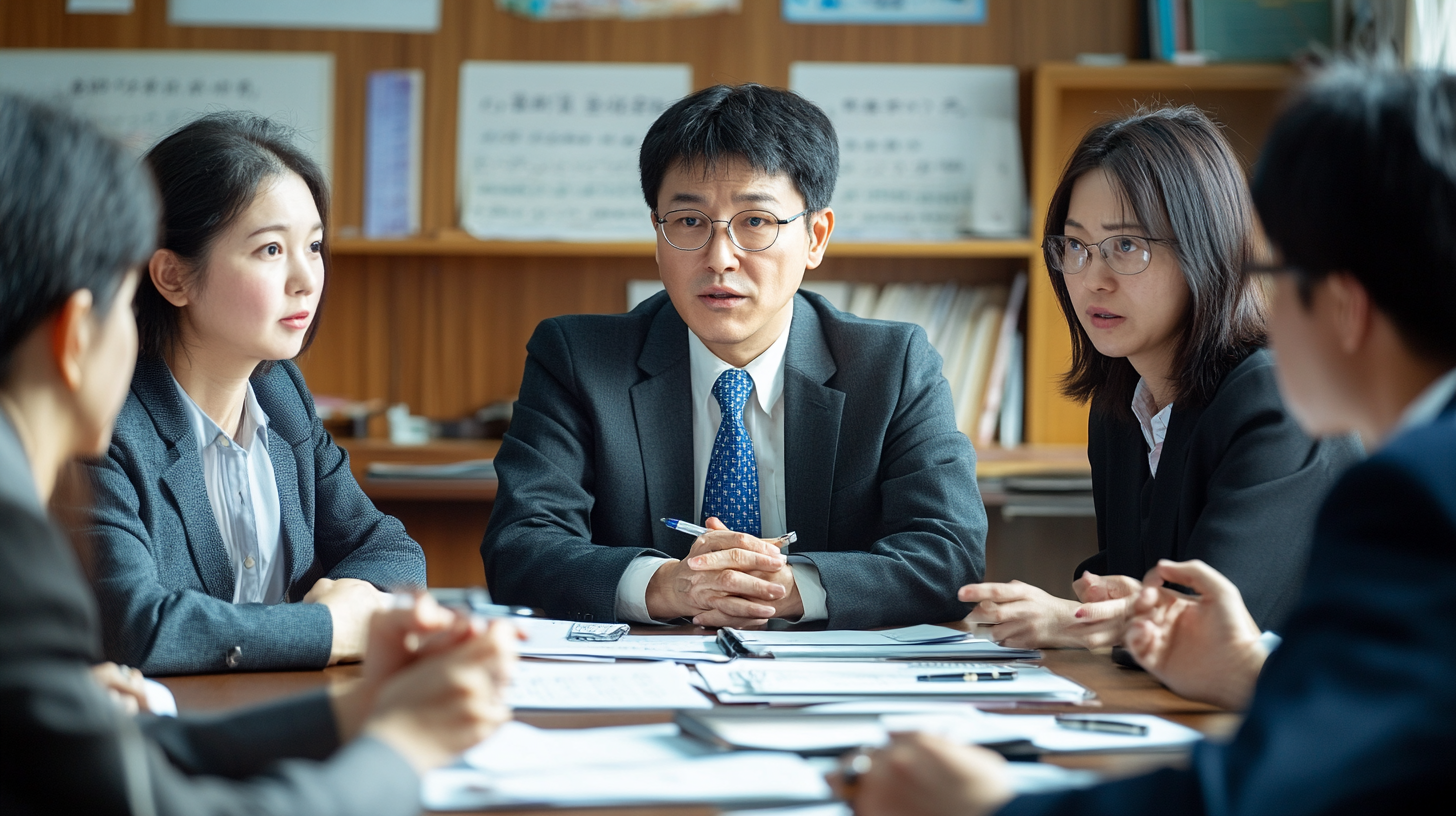 Taiwanese School Conference Room Meeting with Middle-Aged Teachers