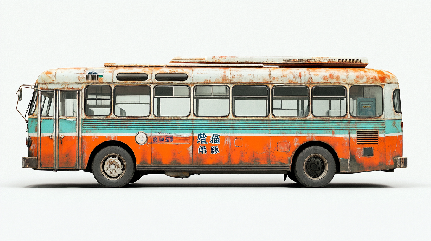 Taiwanese bus with plain white background, detailed photograph.