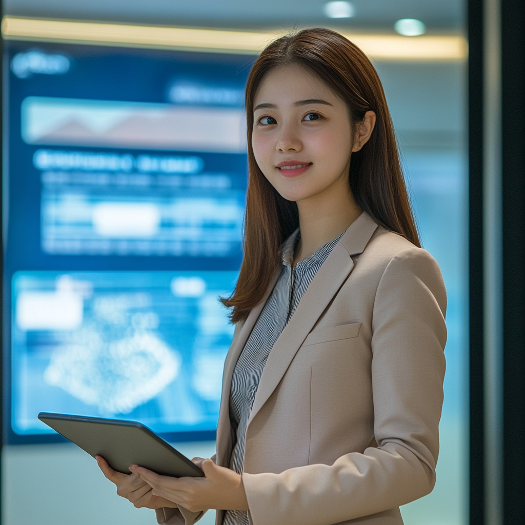 Taiwanese female bank clerk introducing pure online banking loan