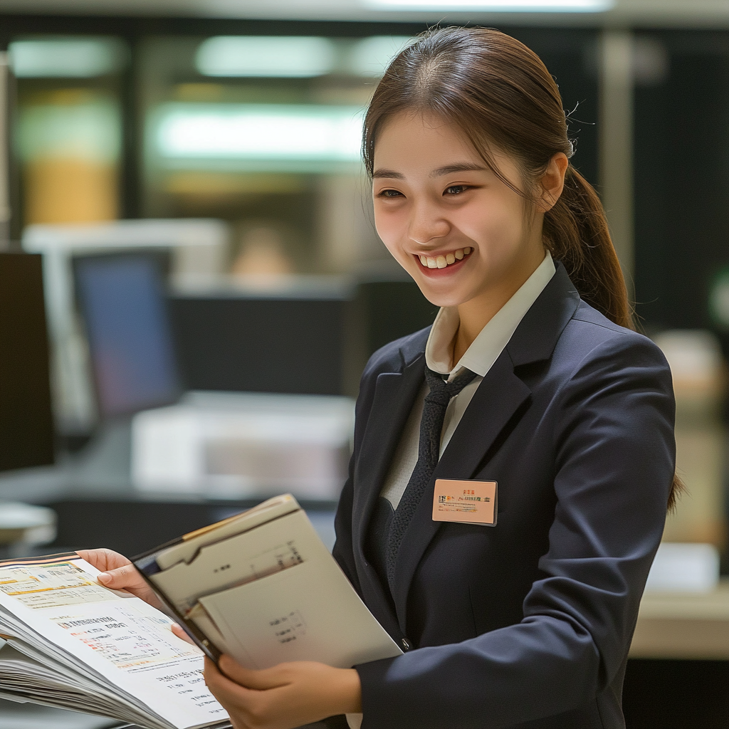 Taiwanese female banking employees at counter offering low-interest loans 