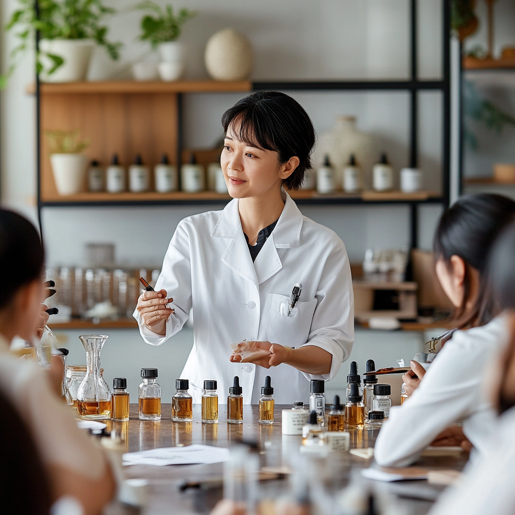 Taiwanese fragrance instructor teaching students blending perfumes professionally.