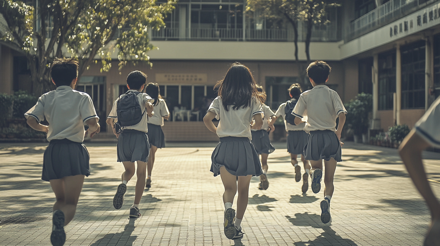 Taiwanese high school courtyard students running and playing