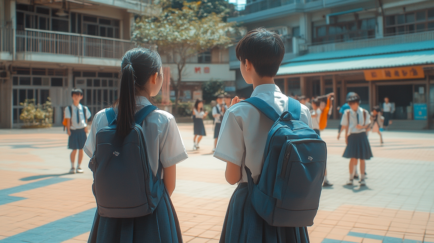 Taiwanese high school courtyard with chatting students