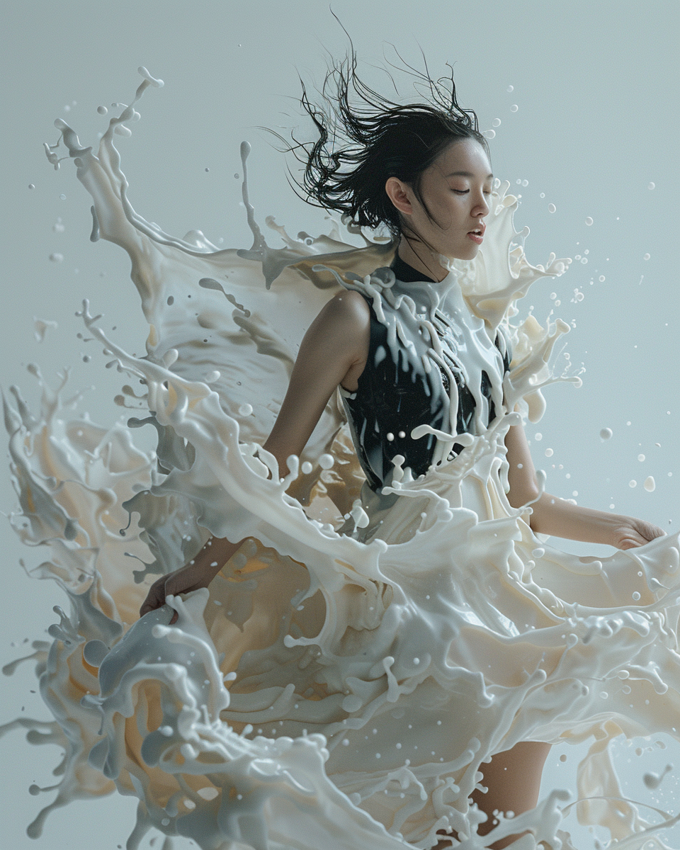 Taiwanese lady in milk dress, surreal fashion aesthetics.