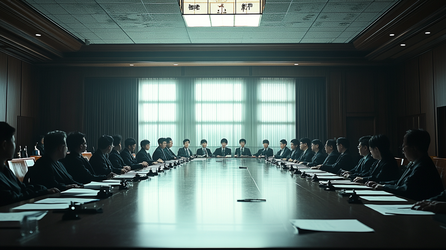 Taiwanese school campus conference room with teachers in formal attire discussing documents