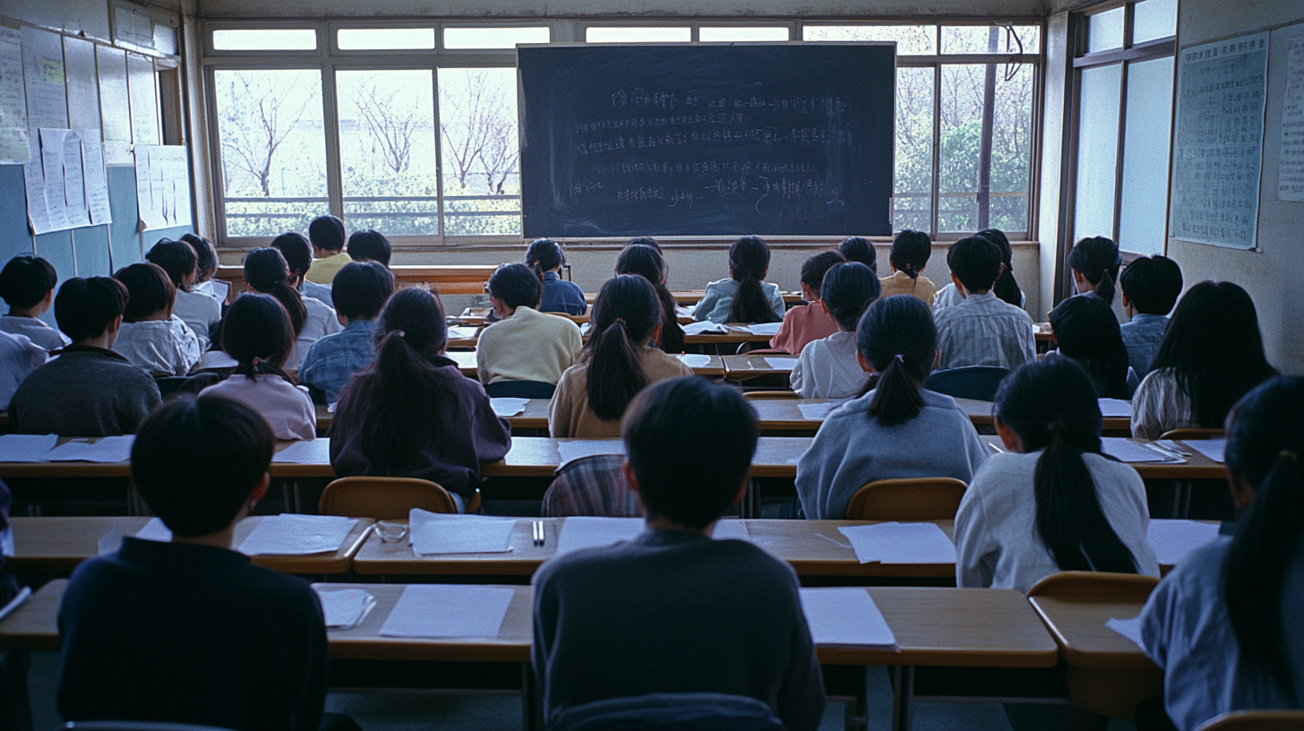 Taiwanese students taking exam in classroom, historical accuracy