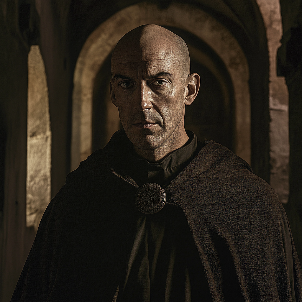 Tall, bald, wide-eyed man in monk's habit. Medieval night.