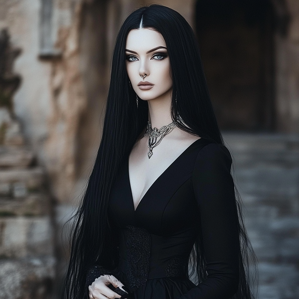 Tall, pale woman with silver eyes and sIlver nose ring, in long black dress and stiletto nails.