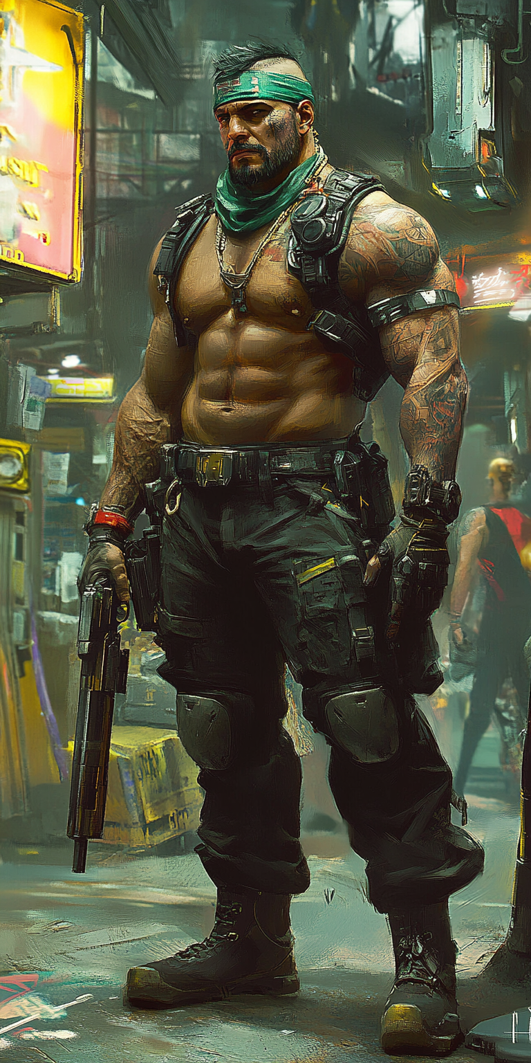 Tall, scarred gang boss in cyberpunk city.