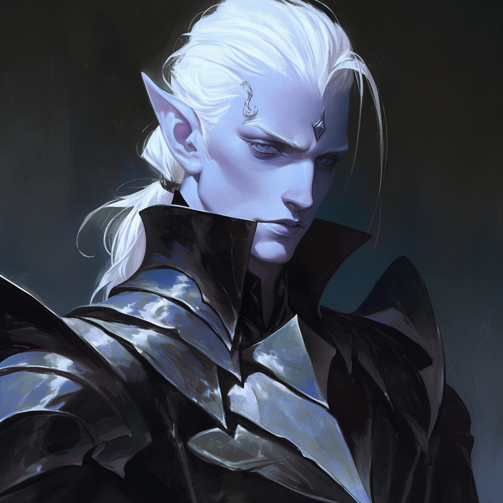 Tall, slim Drow male in black armor portrait.