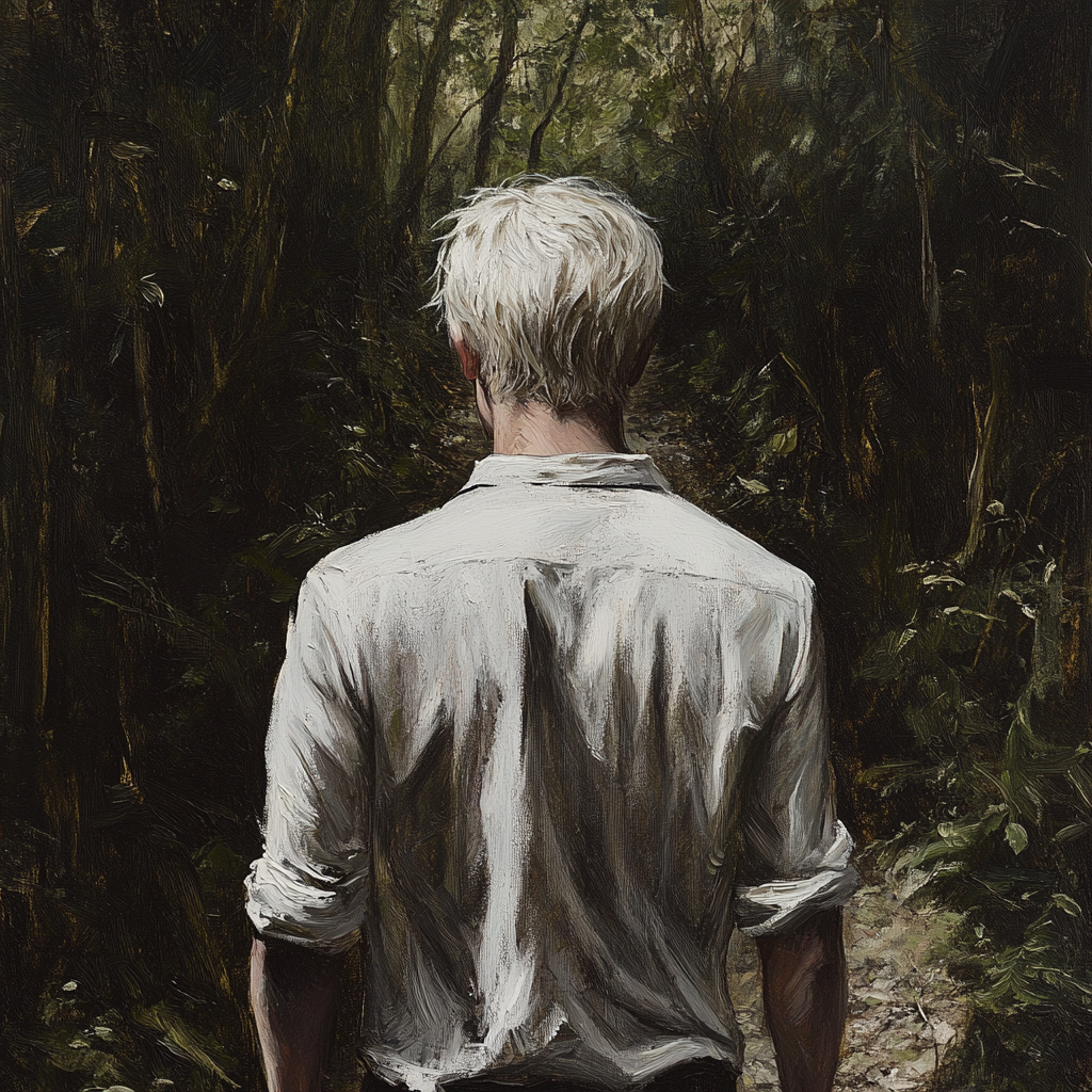 Tall, thin man with white hair in forest.