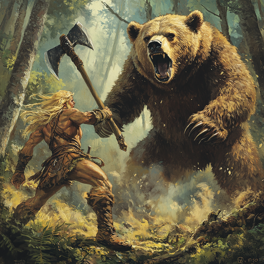 Tall Blonde Barbarian Running Towards Tall Angry Bear