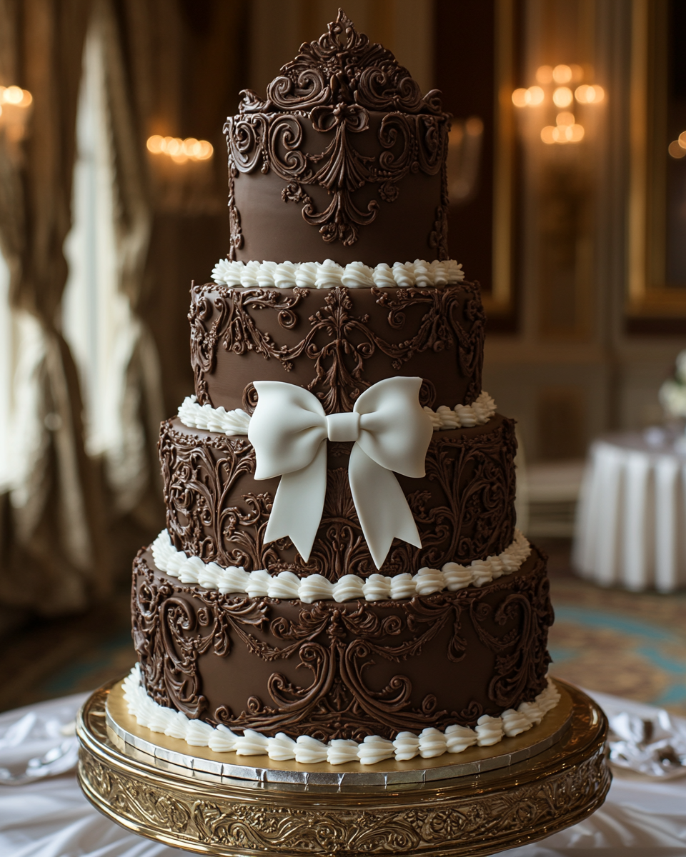 Tall Chocolate Victorian Wedding Cake in Ballroom