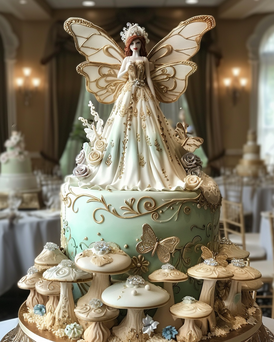 Tall Fantasy Wedding Cake with Fairy and Butterflies