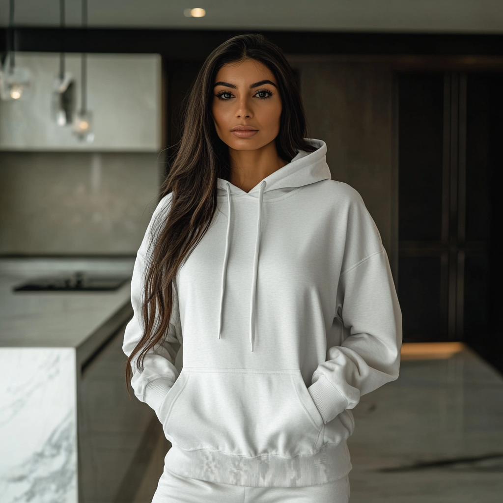 Tall Middle Eastern Female Model in Natural Gildan Hoodie