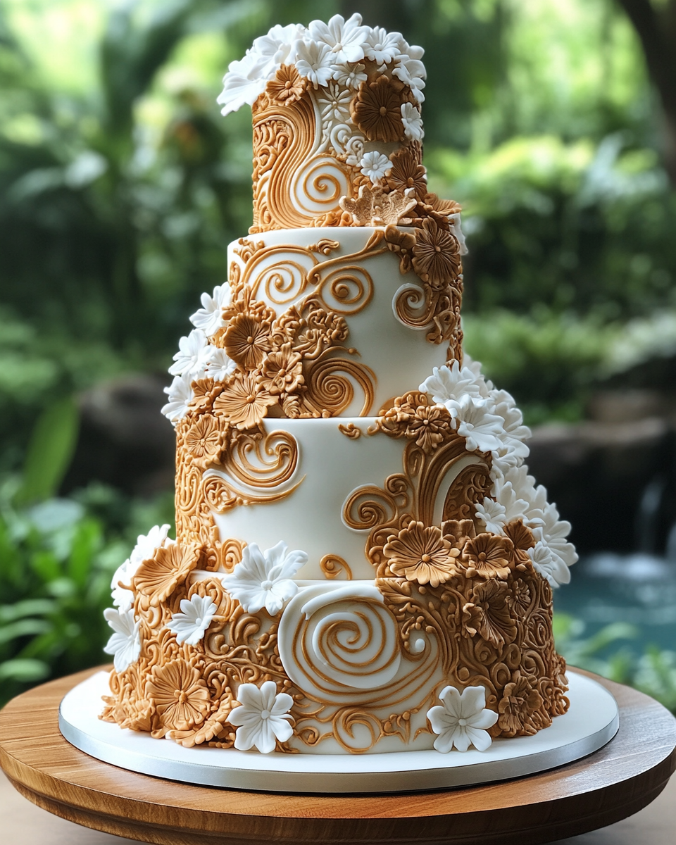 Tall Polynesian-themed Wedding Cake in Hawaii