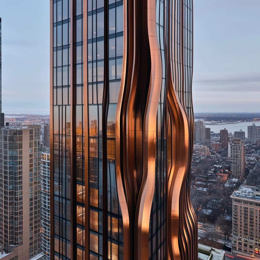 Tall copper skyscraper with waving façade reflects setting sun.