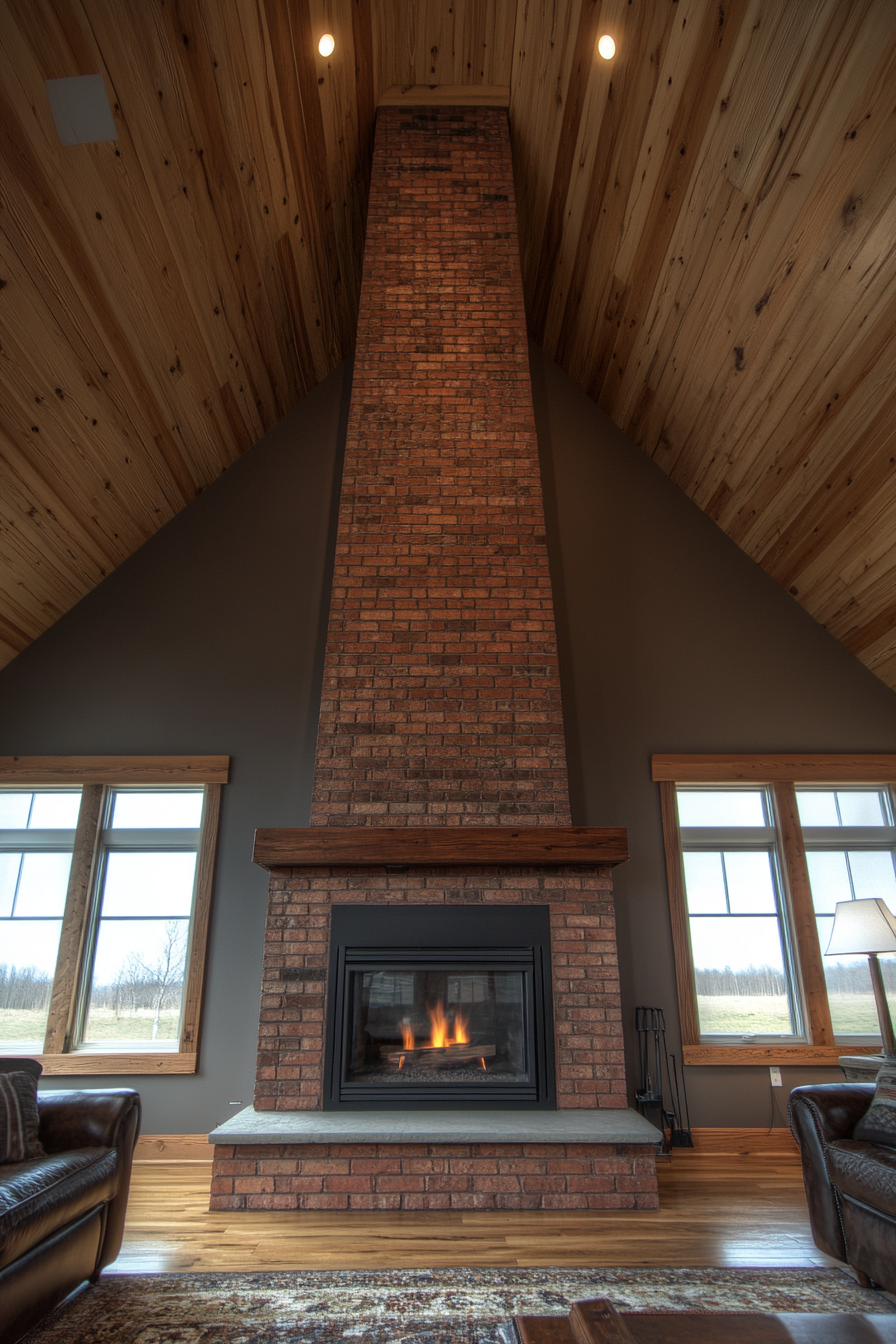 Tall farmhouse fireplace with elegant design and height.