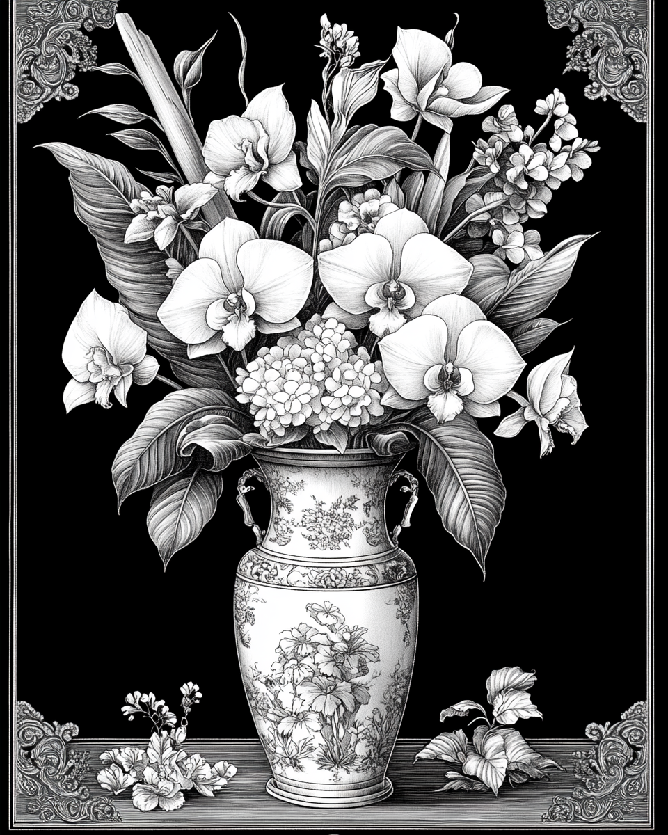 Tall flowers in Chinese vase on Victorian table