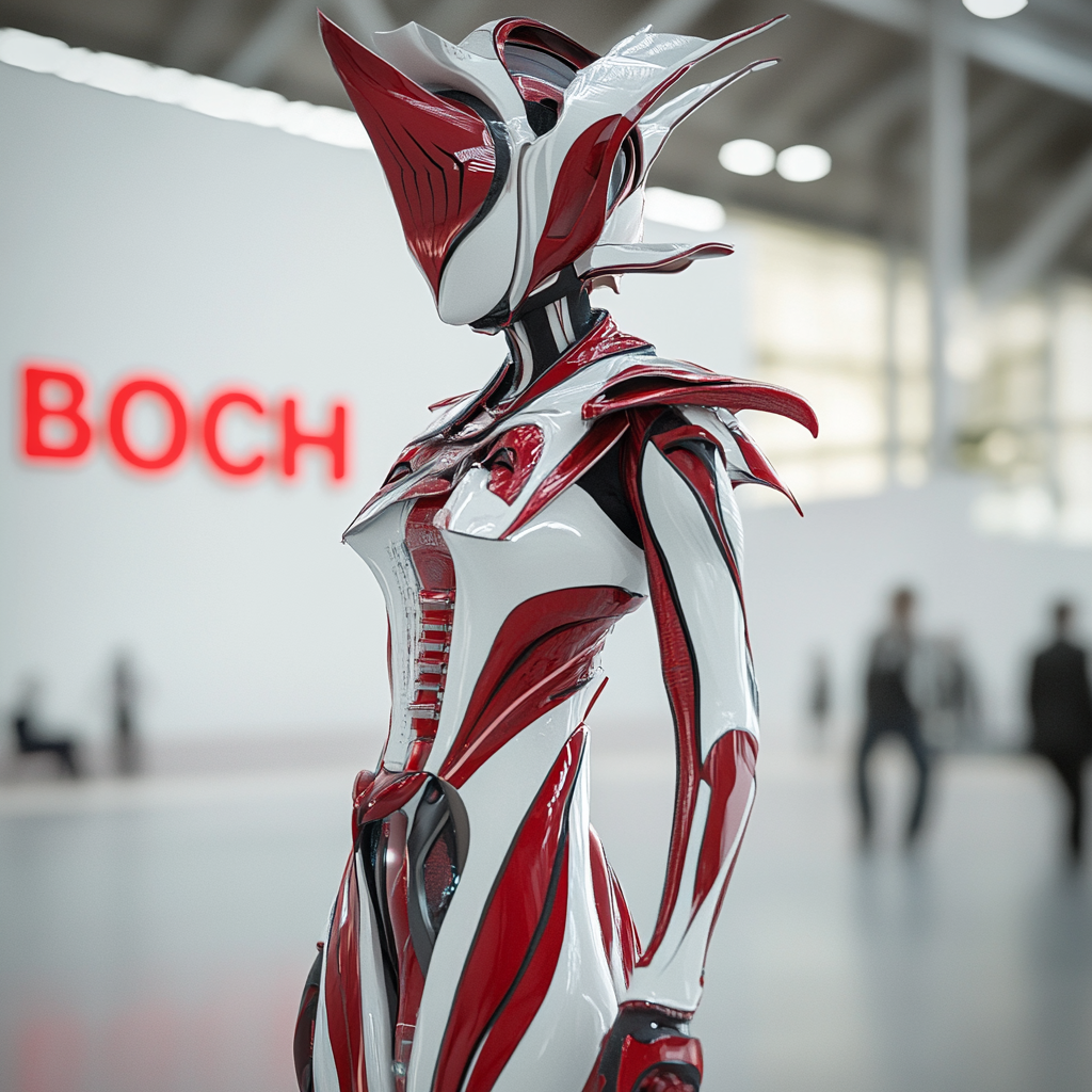 Tall futuristic dancer model in red and white