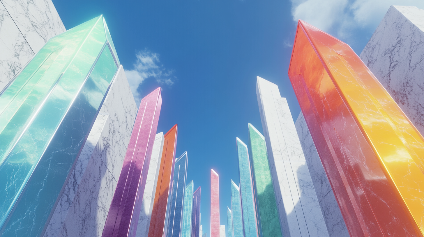 Tall marble buildings with colorful windows reaching sky. shaped arrows.