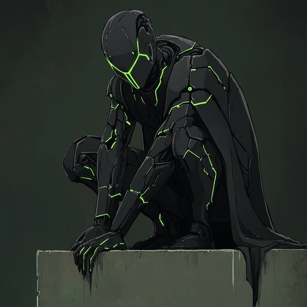 Tall mech in black cloak and green highlights squatting.